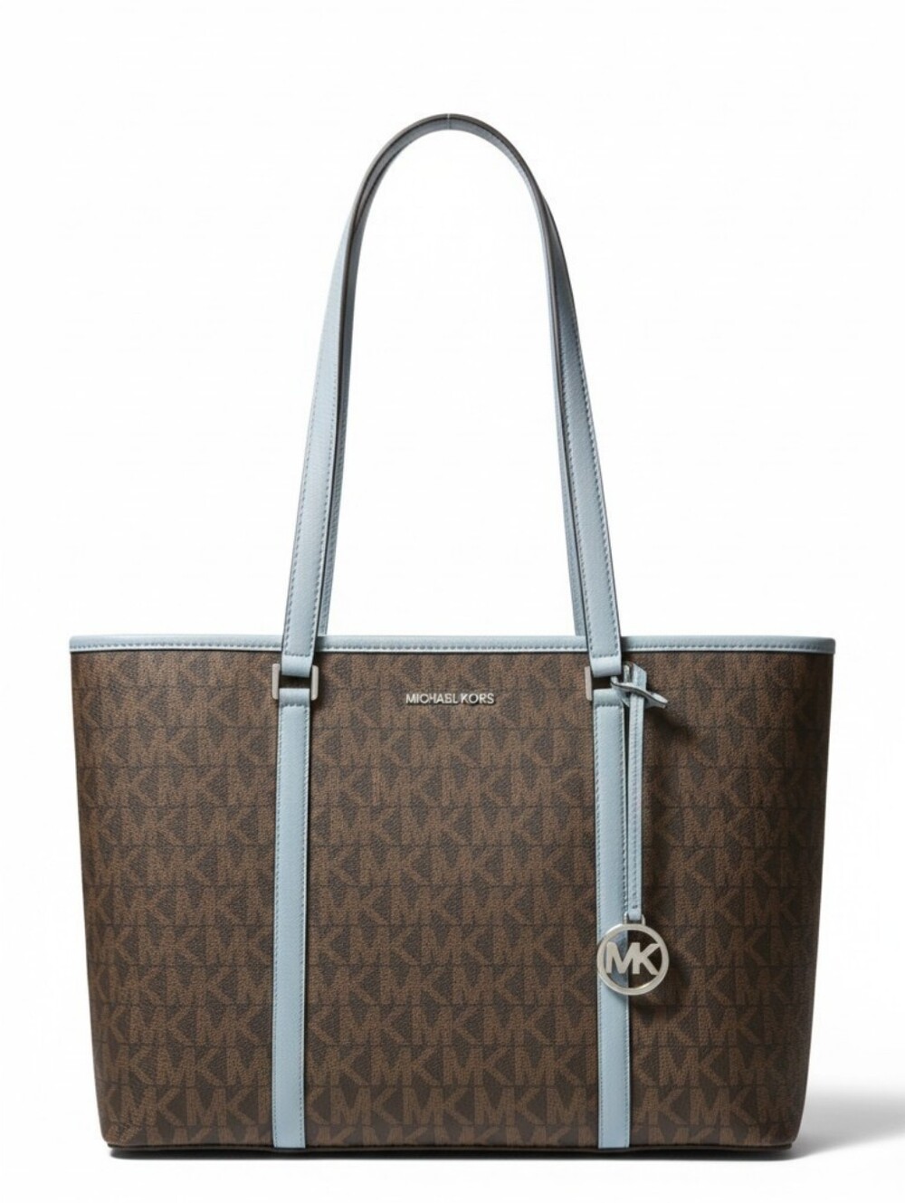 Michael Kors Brown MK Logo Tote with Light Blue Trim